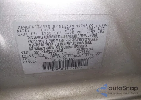 2014 Nissan Versa 1.6 Sv из США, поврежденный, VIN 3N1CN7AP2EL808236